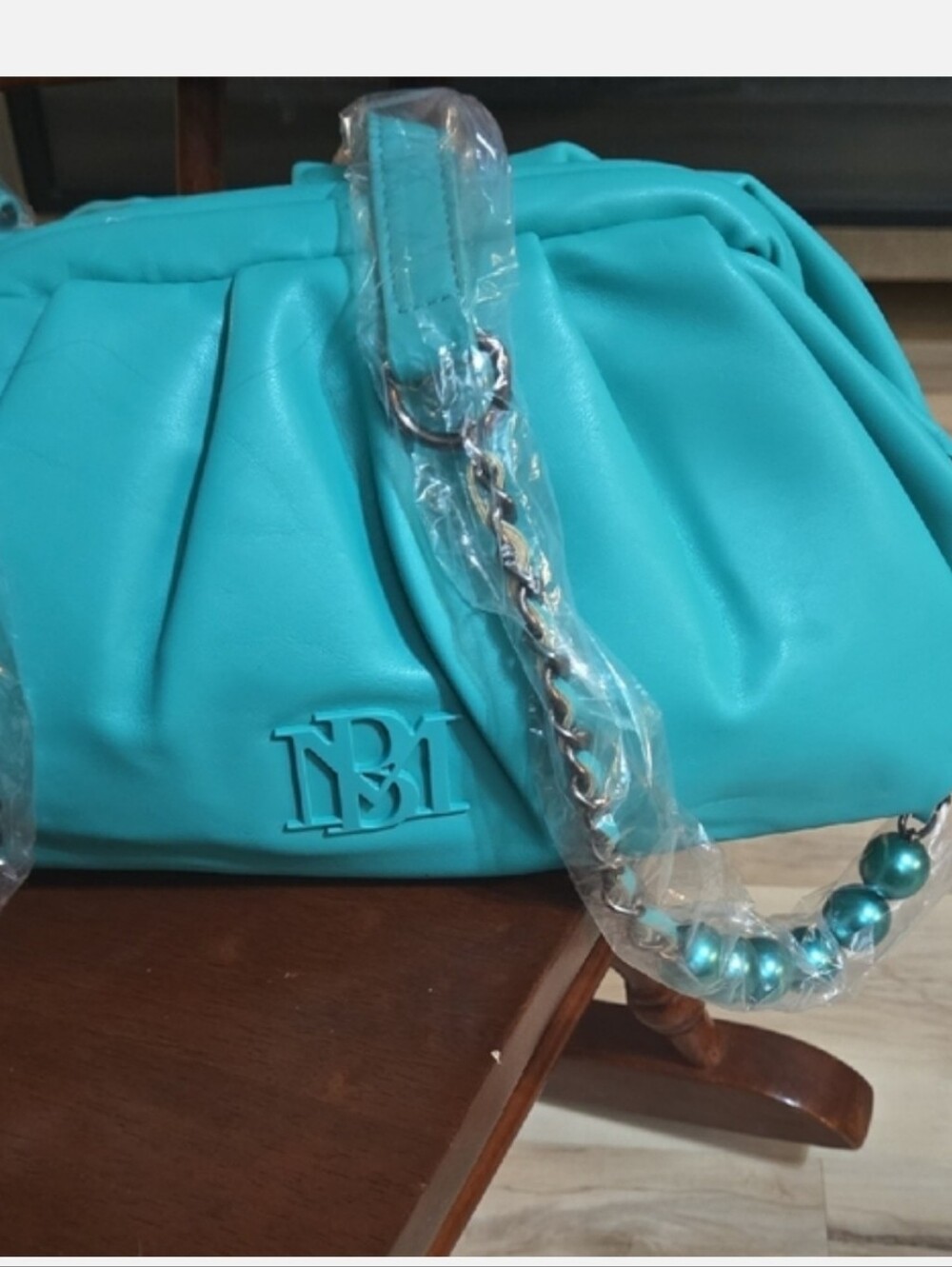 Badgley Mischka Teal Pleated Shoulder Bag with Chain and Bead Detail